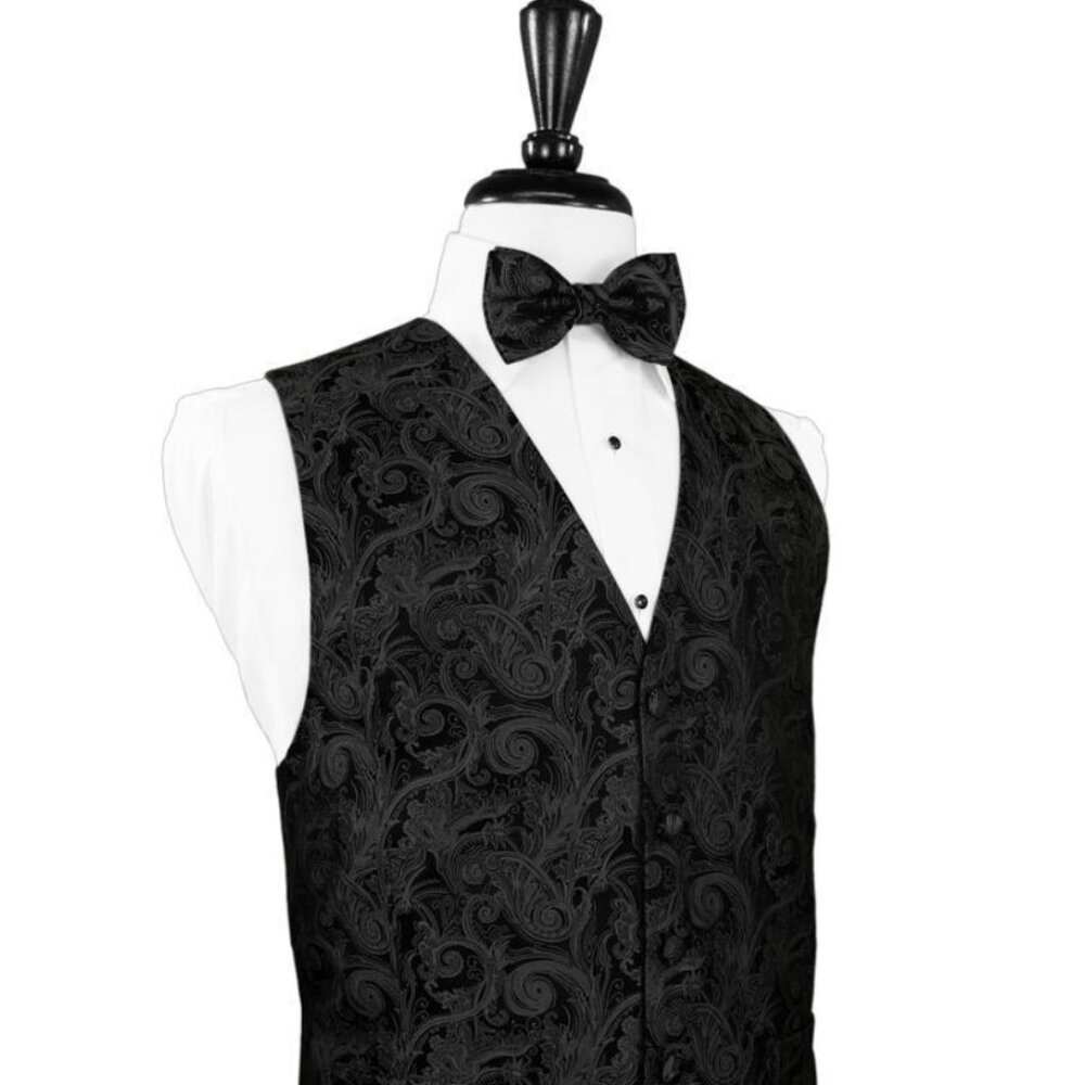 Black Silk Paisley Vest and Bow Tie Set